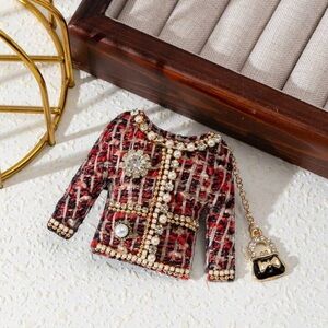 Tweed blazer Brooch Bling plaid Coat pin purse charm hair clip red pearl jewelry